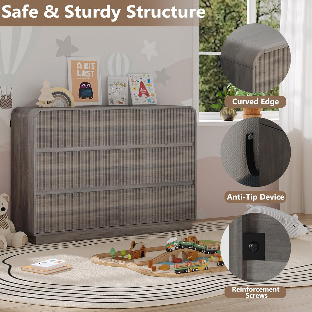 BORNOON Dresser for Bedroom with 6 Drawers, Fluted Chest of Drawers with Round Curved Corner, Hidden Handles, Modern Wood Storage Organizer for Bedroom, Nursery, Living Room