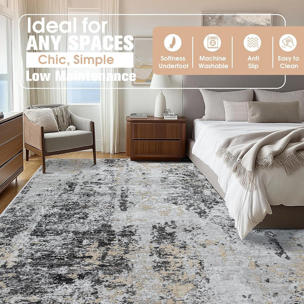 9x12 Area Rugs for Living Room Rug Washable: Abstract Large Rug for Dining Room Bedroom Carpet Non Slip 9 by 12 Indoor Modern Nursery Home Office Black Grey Gold