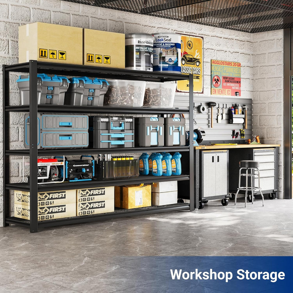FLEXIMOUNTS 60" W Garage Shelving, 5 Tier Storage Shelves Load 1500LBS, Adjustable Garage Shelving Heavy Duty, Metal Shelves Unit for Basement, Warehouse, 60" W x 72" H x 24" D, Black