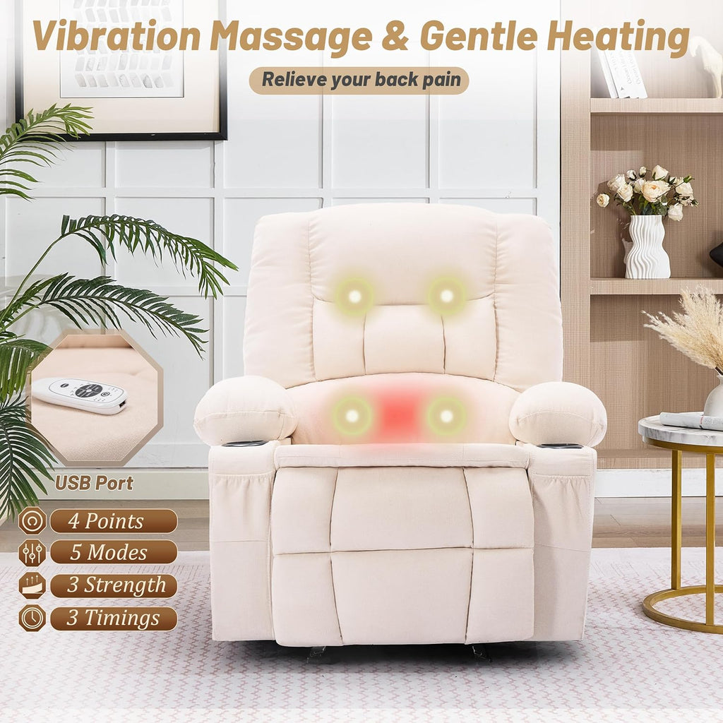 Rocker Recliner Chair with Massage and Heat, Nursery Rocking Chairs for Living Room, Ergonomic Comfy Relining Chair with Cup Holders, USB Charge Port, Side Pockets, Recliner Chair for Adults, Beige