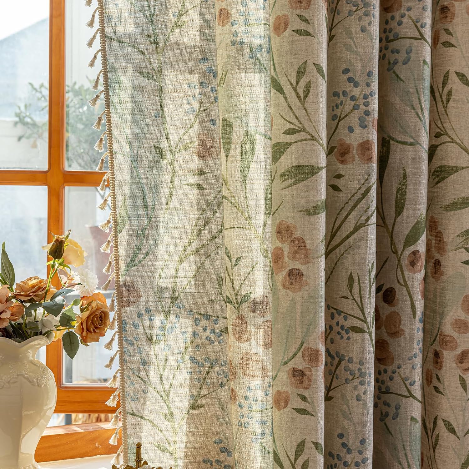 ENJOYBRIDAL Floral Curtains 96 Inches Bedroom Decor Drapes Semi Sheer Rod Pocket Living Room Long Window Curtain Panels Light Filtering Boho 4 Panels Tassel Vintage Window Treatments