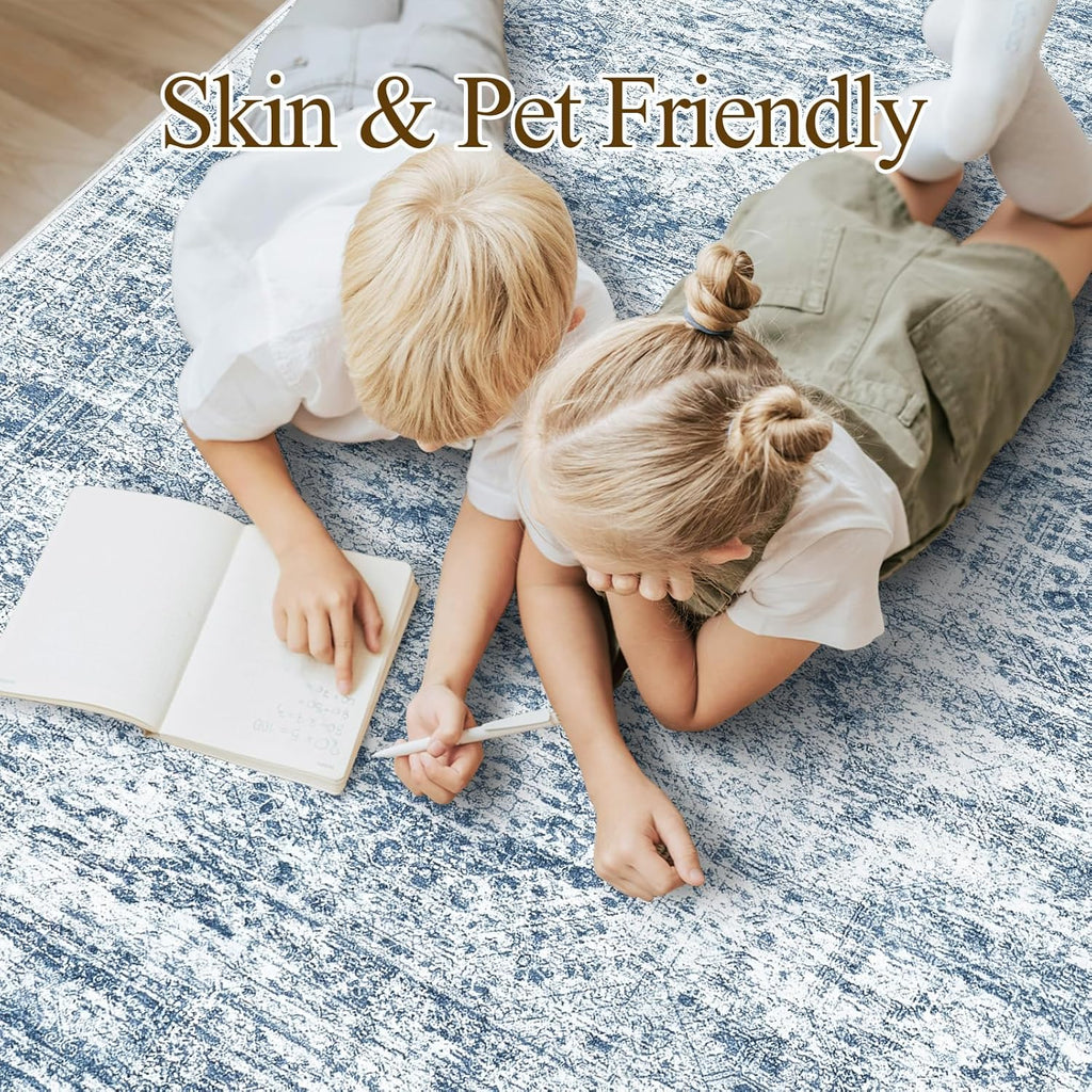 Soalmost 9x12 Area Rugs for Living Room, Non Slip Machine Washable Vintage Rugs, Low Pile Lightweight Large Rug for Bedroom, Dining Room, Home Office Blue
