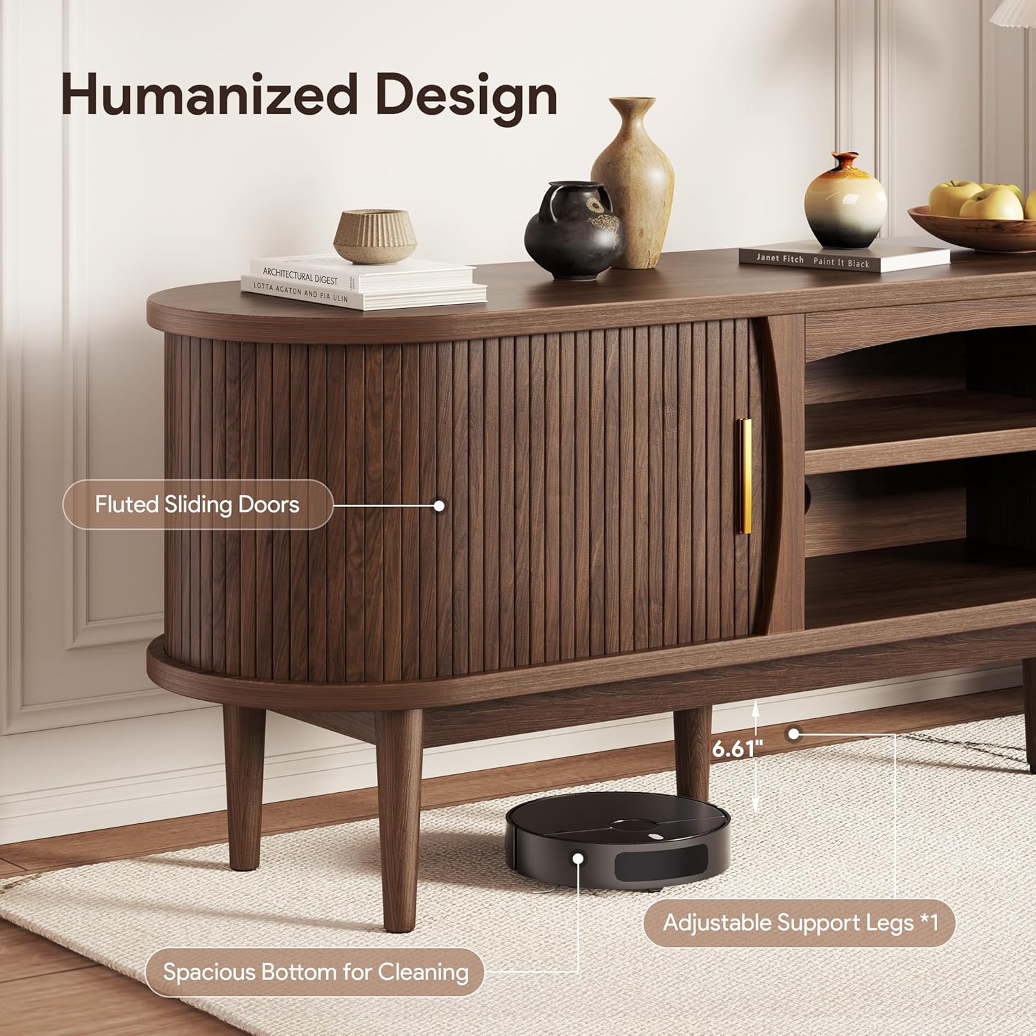Decofy Mid Century TV Stand for TVs up to 80 Inches, Entertainment Center with Storage, Power Outlet, Fluted Sliding Doors & Adjustable Shelves, Modern Media TV Console Table for Living Room (Walnut)