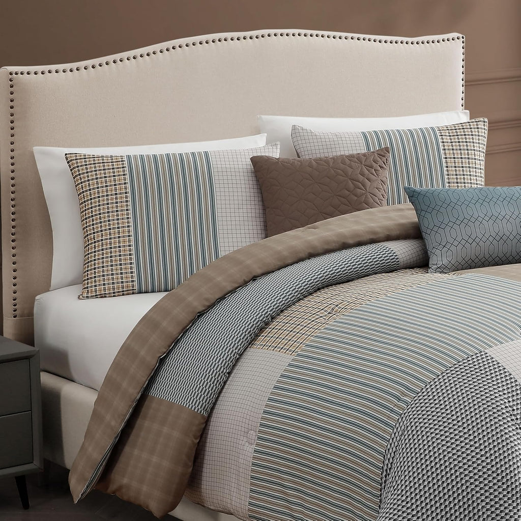 Bebejan Tranquil Patch 5 Piece Comforter Set, 100% Cotton Sateen, 220 Thread Count, Blue Reversible Bedding Comforter Set, 1 Comforter, 2 Shams & 2 Pillows (King/Cal King)
