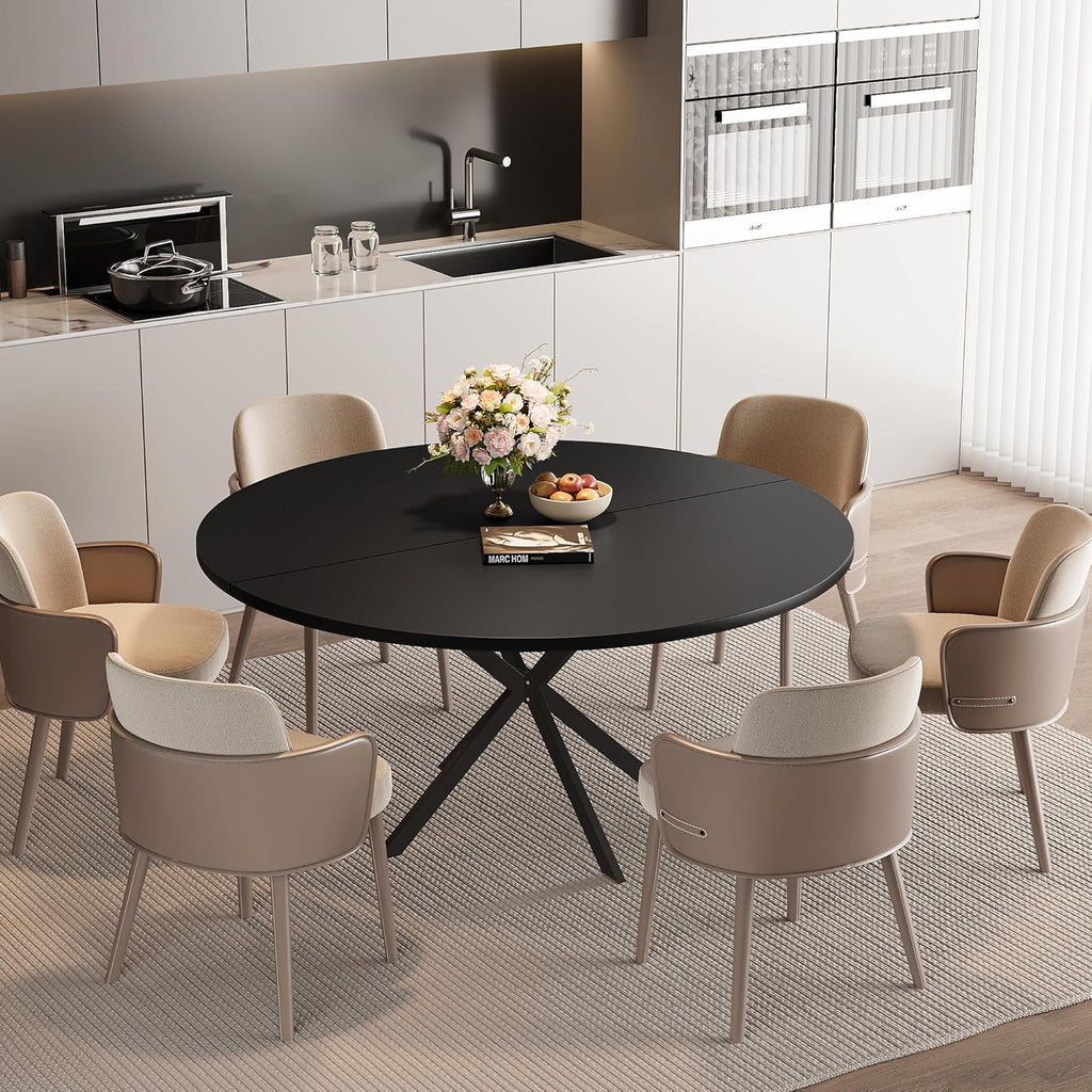 47.24" Round Dining Table, Modern Dining Room Table for 4-6 Person, Wood Round Kitchen Table with Metal Legs, Round Coffee Table for Home Dining Room Living Room (Black)