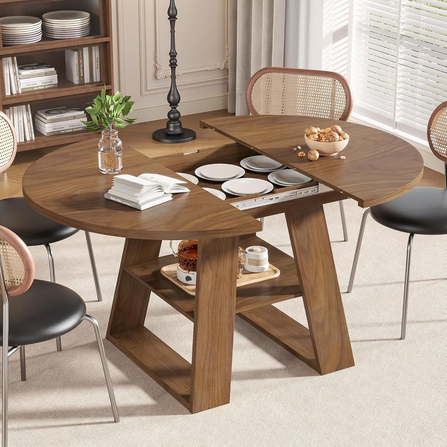 43.3in-59in Extendable Round Dining Table for 4-8, Modern Kitchen Oval Dining Table with Removable Leaves Space Saving, Wood Base with Storage Shelf for Kitchen Living Room, Walnut Style 2
