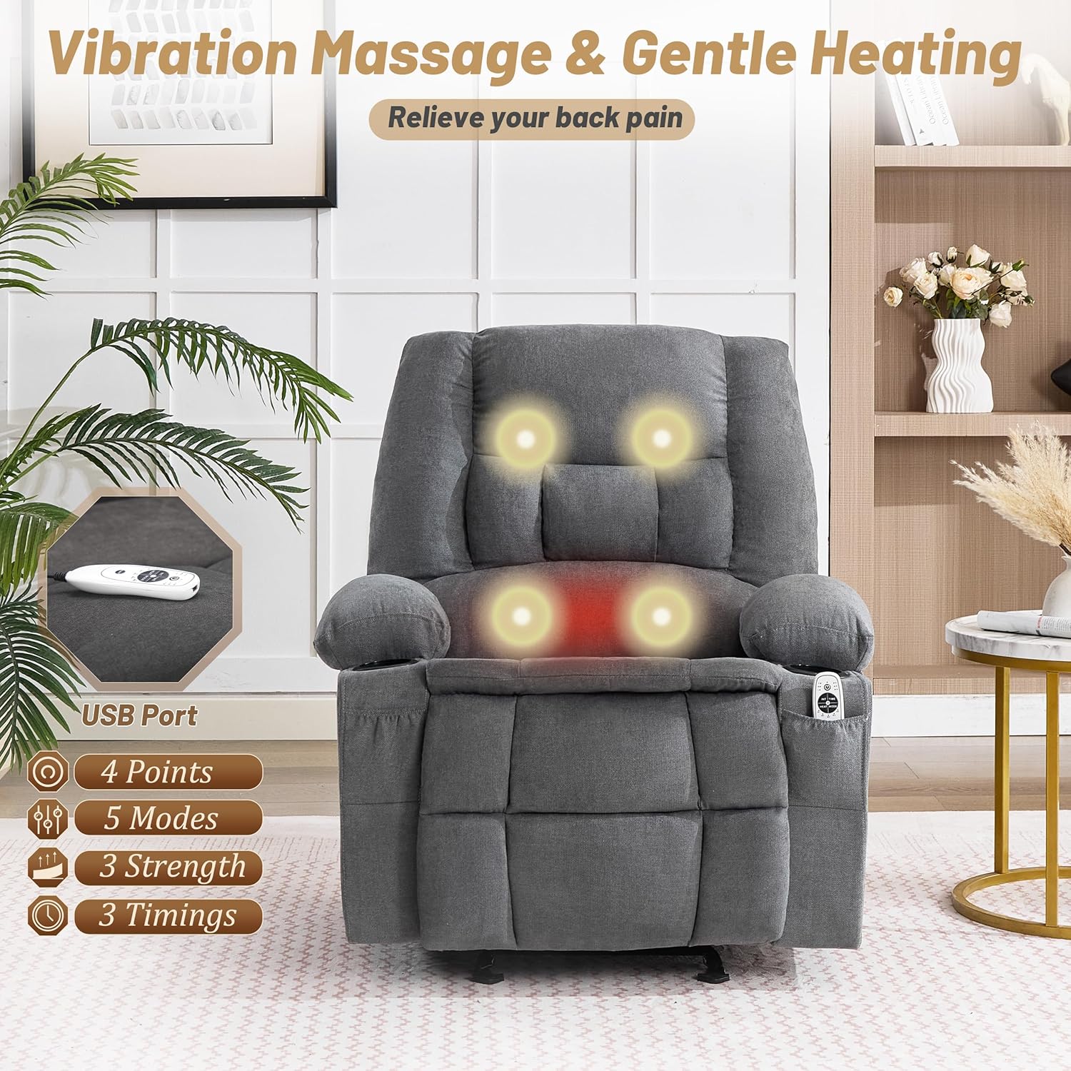 Rocker Recliner Chair with Massage and Heat, Recliner Chair for Adults, Nursery Rocking Chairs for Living Room, Ergonomic Comfy Relining Chair with Cup Holders, USB Charge Port, Side Pockets, Grey