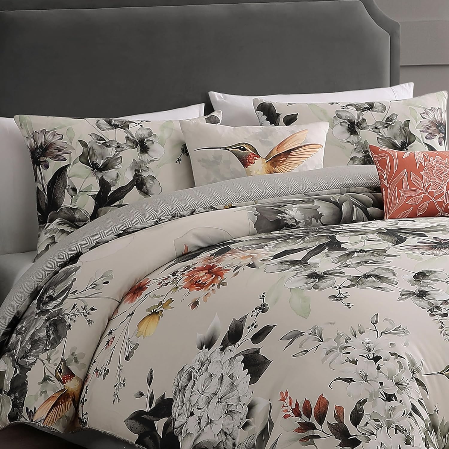 Bebejan Vintage Bloom 5 Piece Comforter Set, 100% Cotton Sateen, 220 Thread Count, Grey Reversible Bedding Comforter Set, 1 Comforter, 2 Shams & 2 Pillows (King/Cal King)