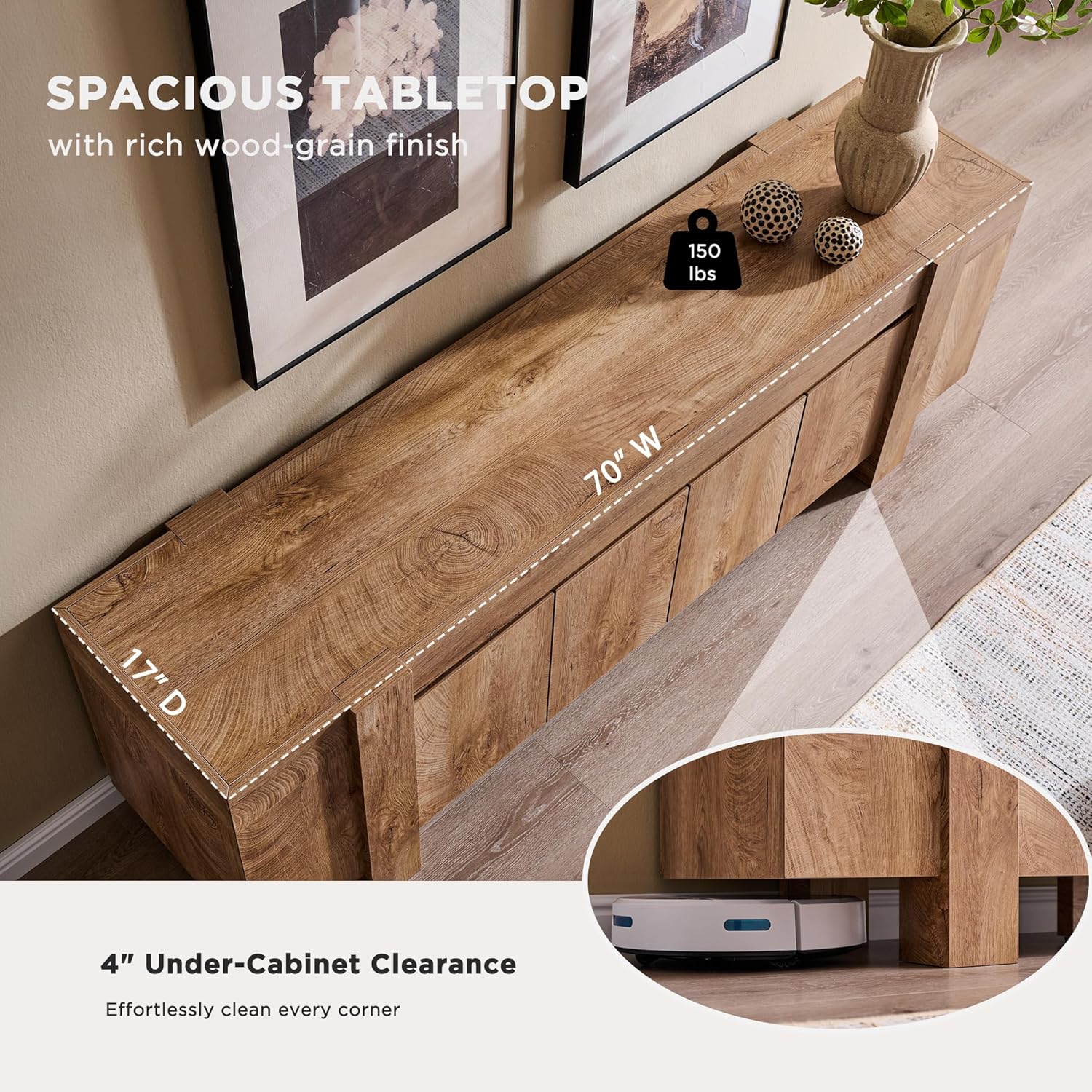OKD Modern Farmhouse TV Stand, 70" Long Media Console Table with Storage Cabinet, Wooden Entertainment Center for Living Room, Light Knotty