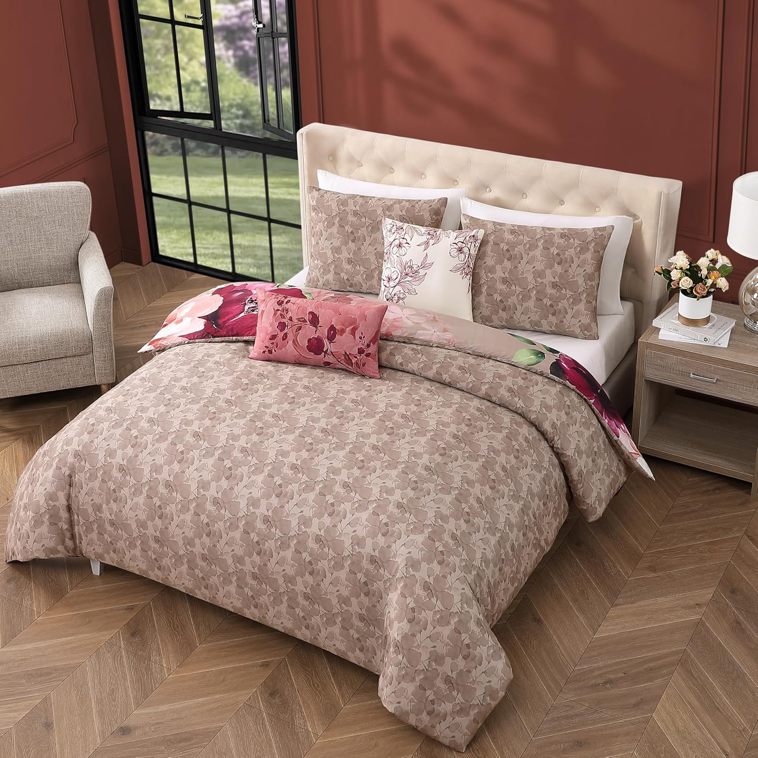 Bebejan Florence 5 Piece Comforter Set, 100% Cotton Sateen, 220 Thread Count, Brown Reversible Bedding Comforter Set, 1 Comforter, 2 Shams & 2 Pillows (King/Cal King)