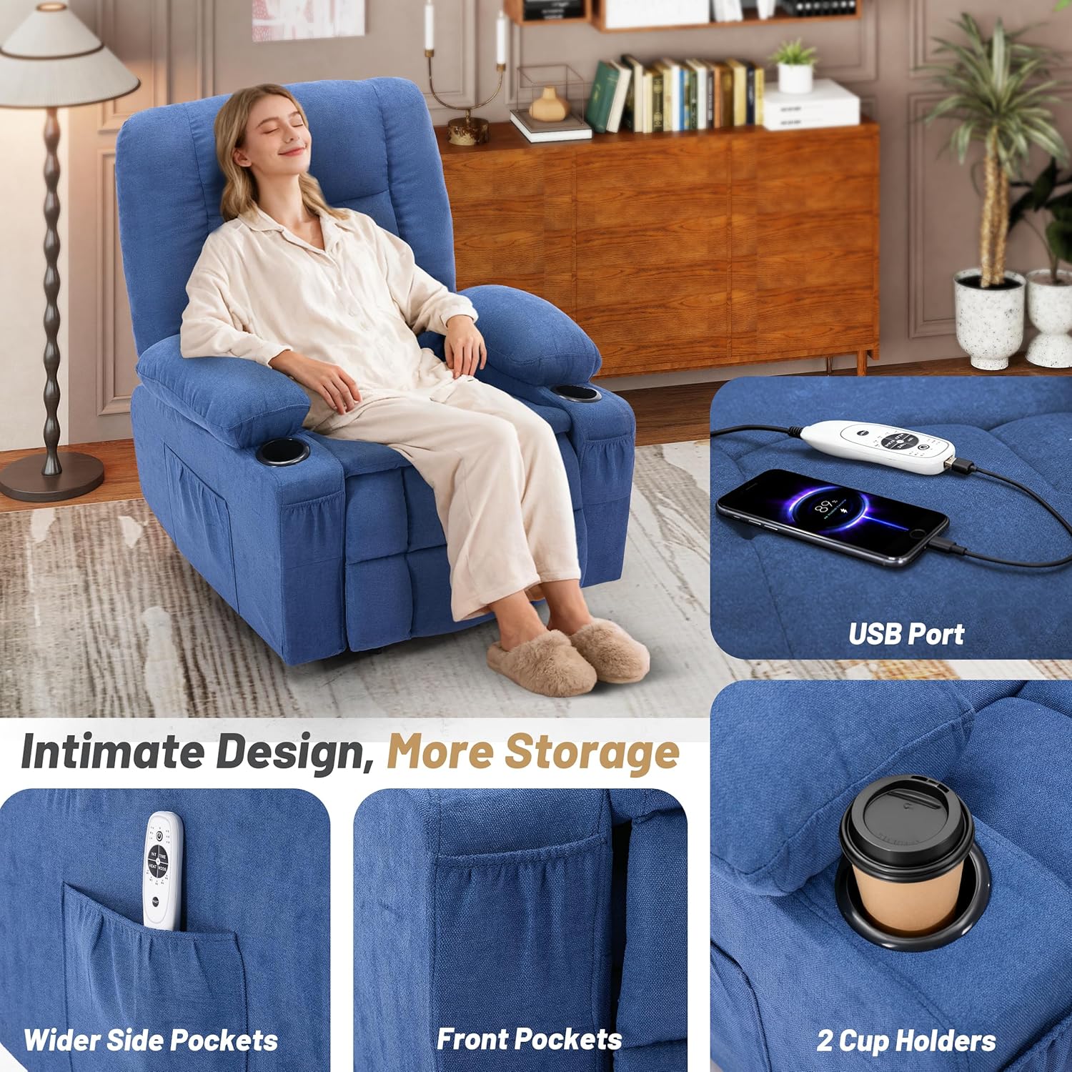 Rocker Recliner Chair with Massage and Heat, Nursery Rocking Chairs for Living Room, Ergonomic Comfy Relining Chair with Cup Holders, USB Charge Port, Side Pockets, Recliner Sofa, Blue