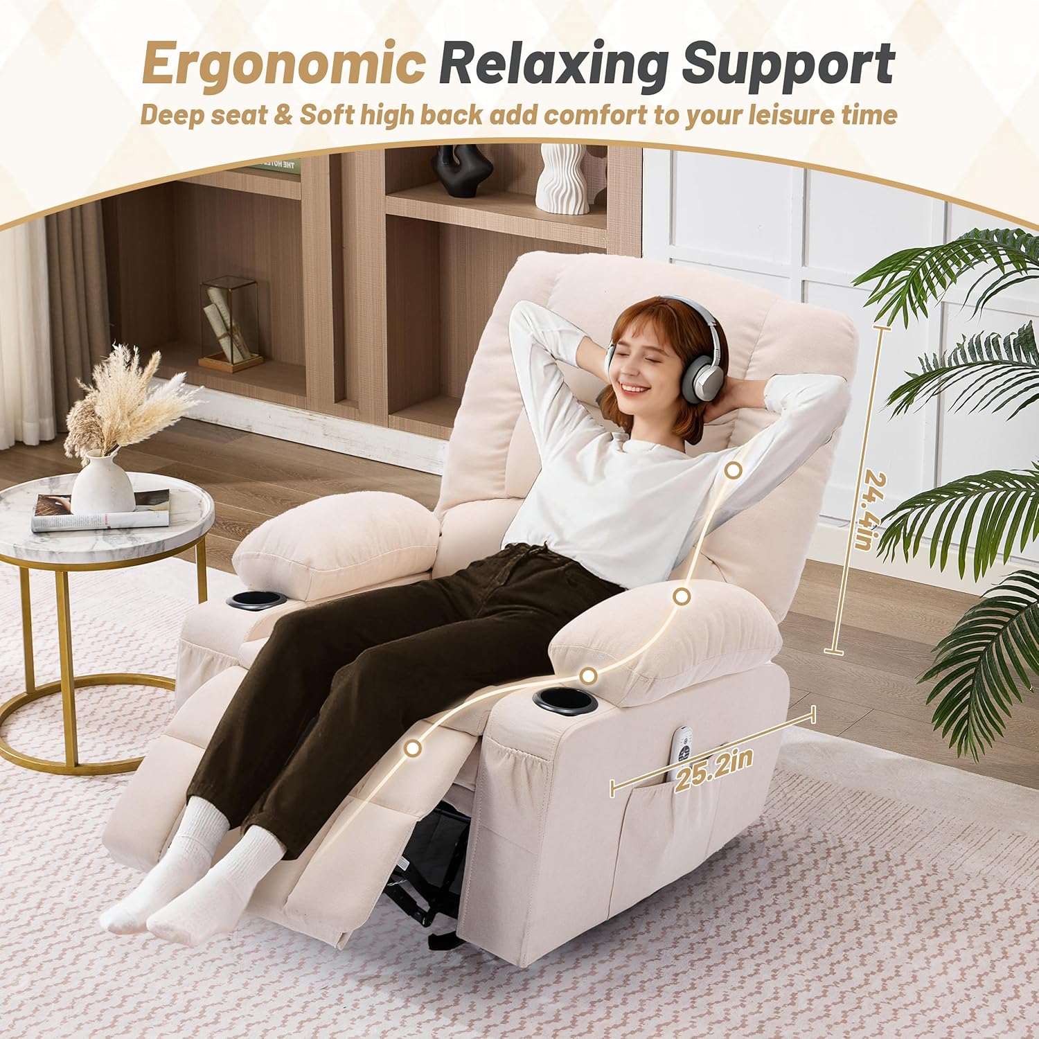 Rocker Recliner Chair with Massage and Heat, Nursery Rocking Chairs for Living Room, Ergonomic Comfy Relining Chair with Cup Holders, USB Charge Port, Side Pockets, Recliner Chair for Adults, Beige
