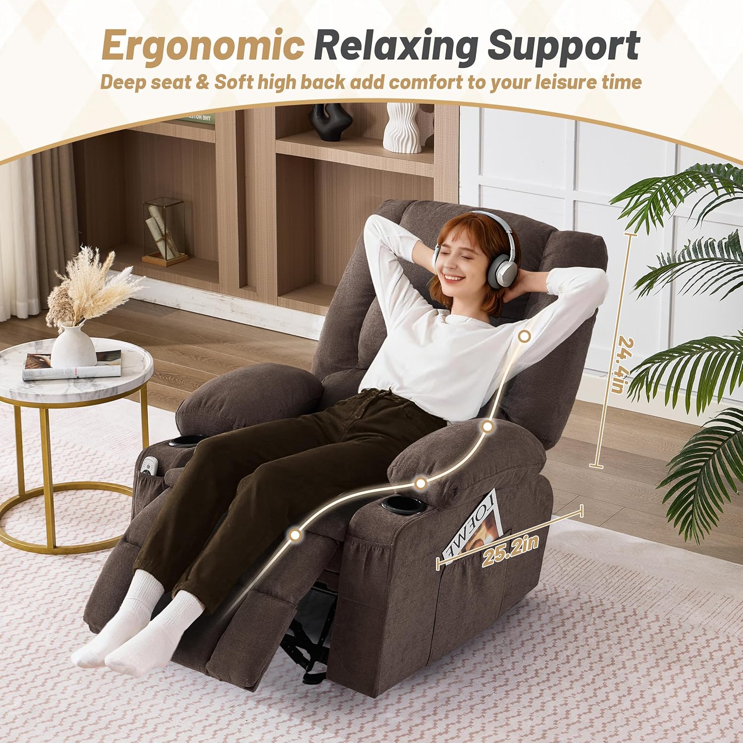 Rocker Recliner Chair with Massage and Heat, Nursery Rocking Chairs for Living Room, Ergonomic Comfy Relining Chair with Cup Holders, USB Charge Port, Side Pockets, Recliner Sofa, Brown