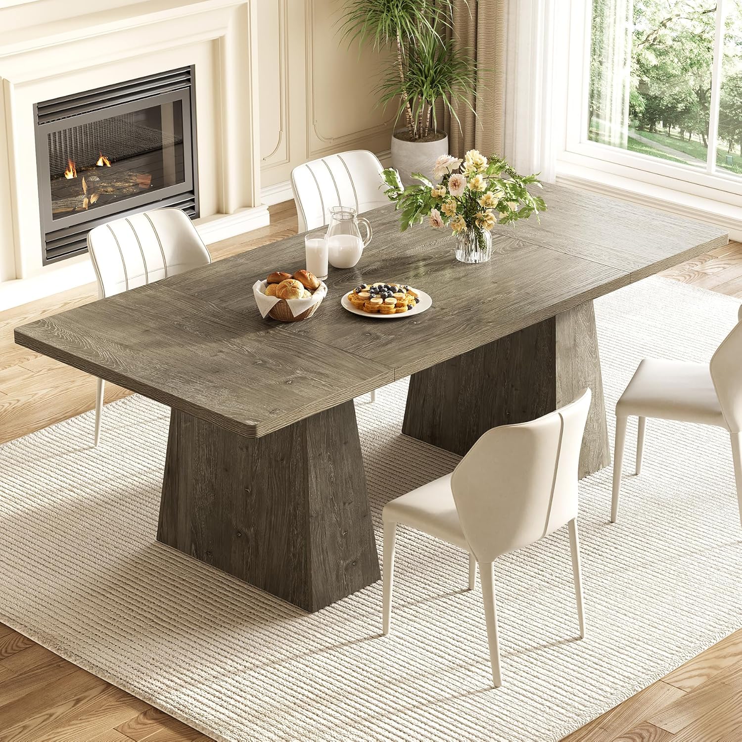 LITTLE TREE Dining Table for 6 People, Wooden Table, Rectangle Furniture with Heavy Duty Legs, Modern Kitchen Table for Home, Dining Room, Grey