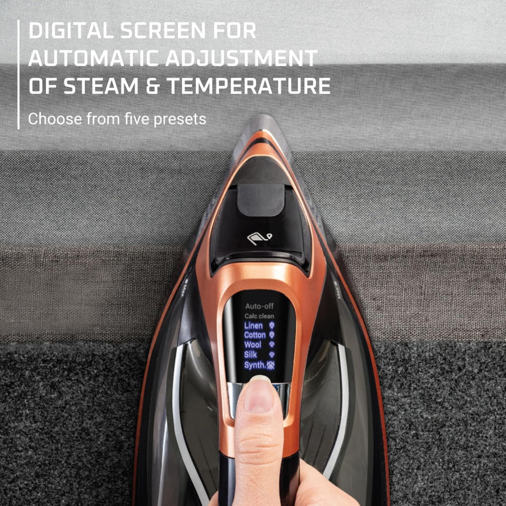 Rowenta Iron Steam Force Pro Steam Iron for Clothes, 1850 Watts, 5 Presets Smart Screen, Stainless Steel Soleplate, High-Efficiency Handheld Steamer Ironing, Anti-Drip Protection, Black Copper, DW9580