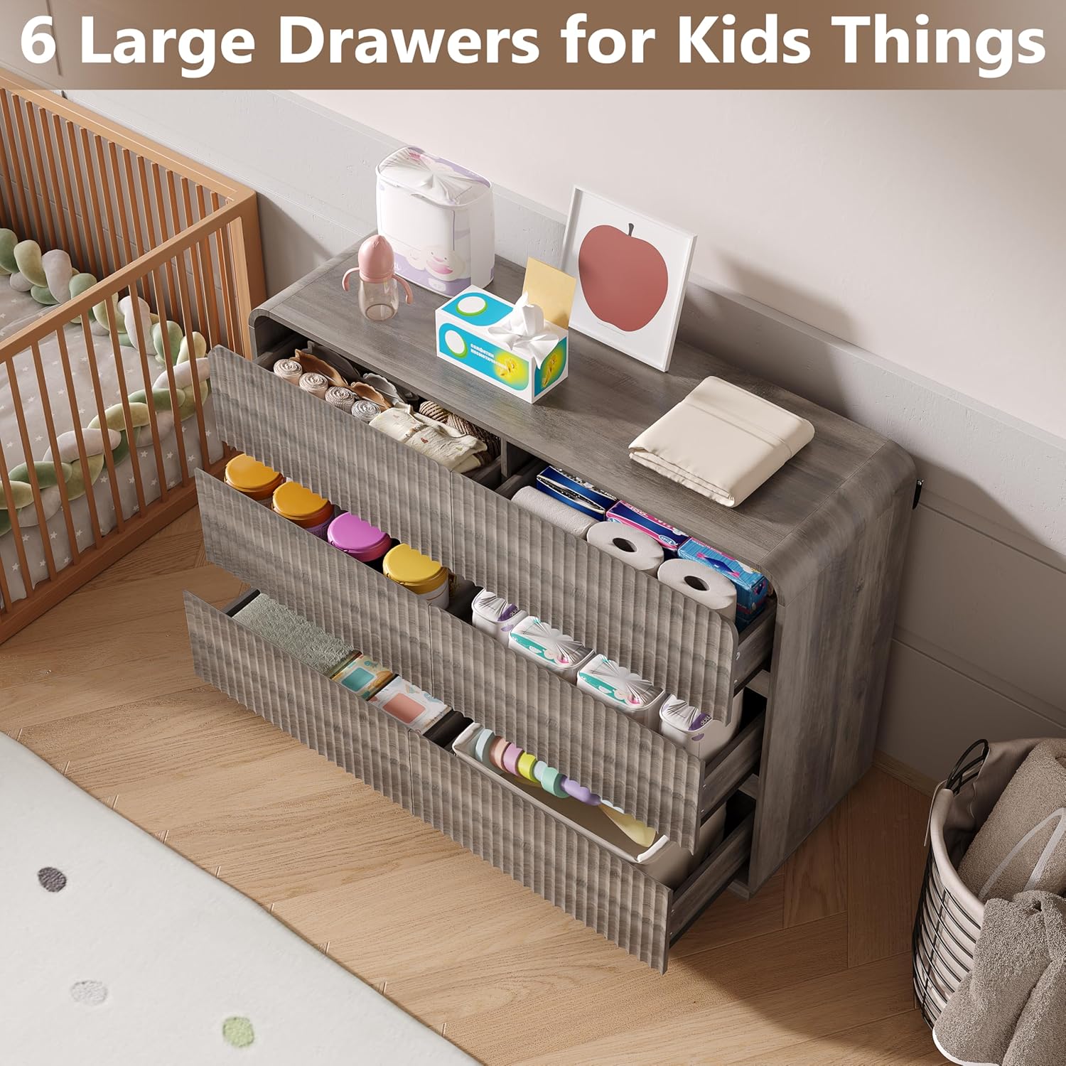 BORNOON Dresser for Bedroom with 6 Drawers, Fluted Chest of Drawers with Round Curved Corner, Hidden Handles, Modern Wood Storage Organizer for Bedroom, Nursery, Living Room