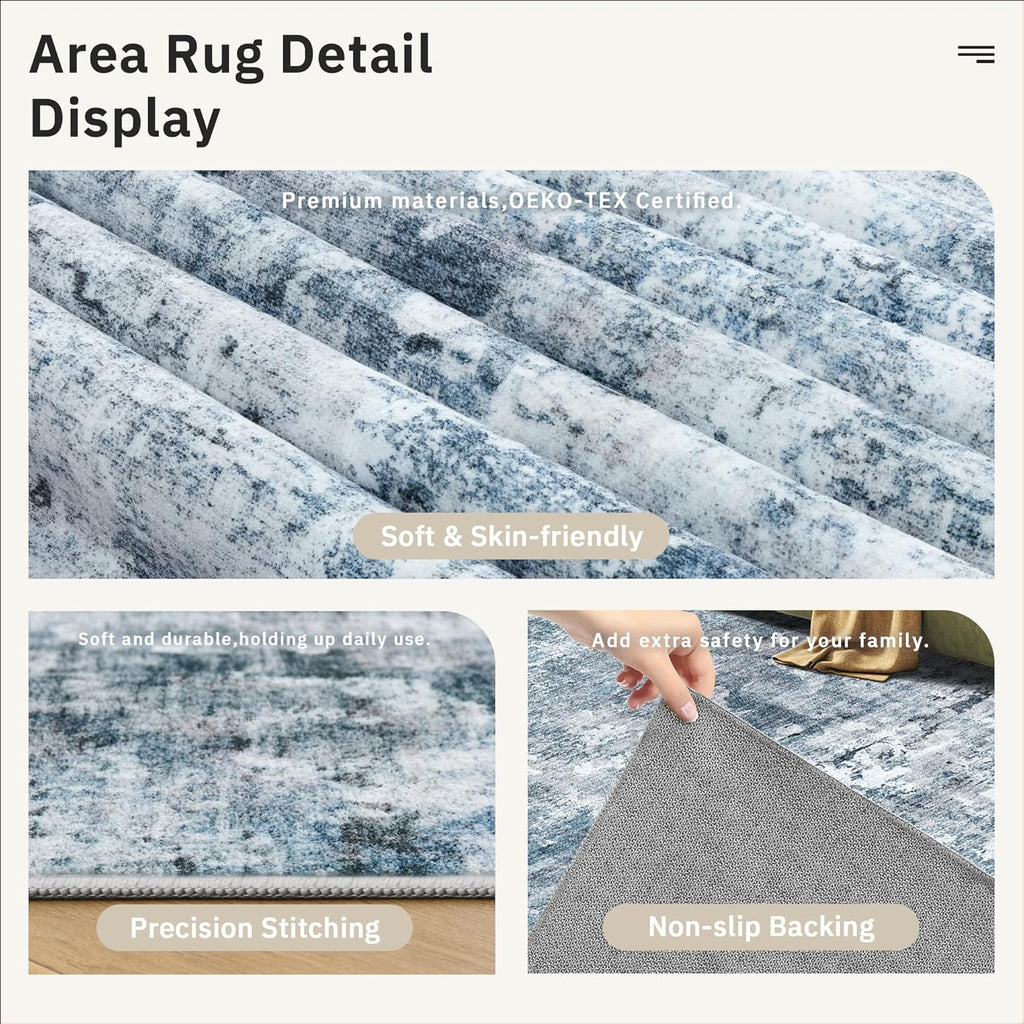 Soalmost 9x12 Area Rugs for Living Room, Abstract Non Slip Machine Washable Vintage Rugs, Low Pile Lightweight Large Rug for Bedroom, Dining Room, Home Office Blue