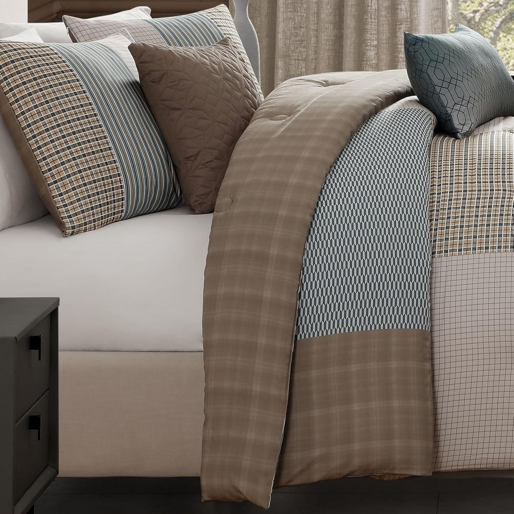 Bebejan Tranquil Patch 5 Piece Comforter Set, 100% Cotton Sateen, 220 Thread Count, Blue Reversible Bedding Comforter Set, 1 Comforter, 2 Shams & 2 Pillows (King/Cal King)