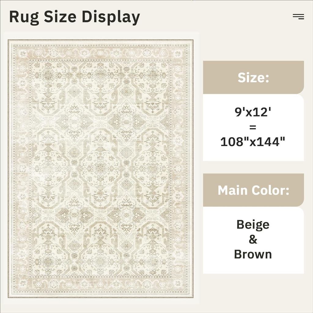 Soalmost 9x12 Area Rugs for Living Room, Non Slip Machine Washable Vintage Rugs, Low Pile Lightweight Large Rug for Bedroom, Dining Room, Home Office Beige/Brown