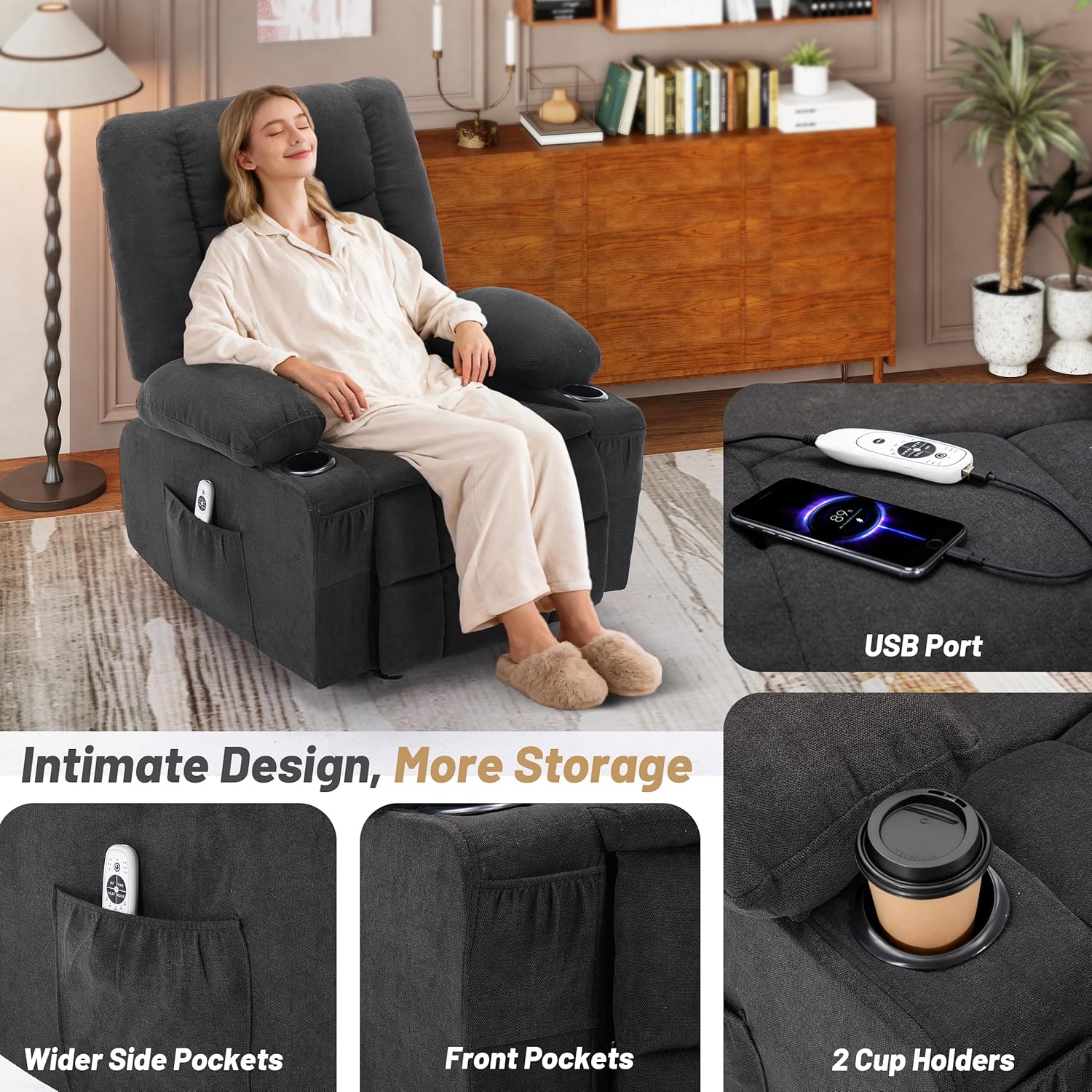 Rocker Recliner Chair with Massage and Heat, Nursery Rocking Chairs for Living Room, Recliner Chair for Adults, Ergonomic Comfy Relining Chair with Cup Holders, USB Charge Port, Side Pockets, Black