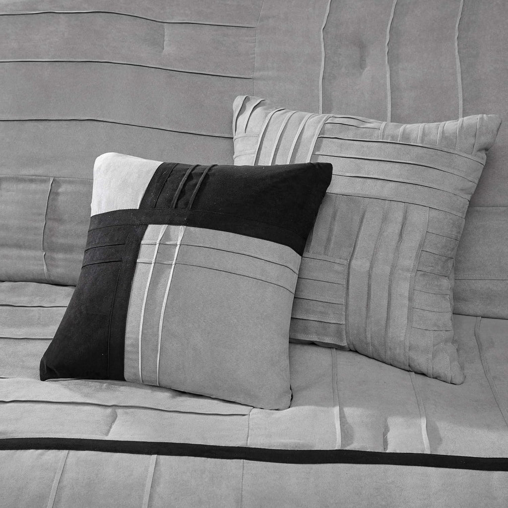 Madison Park Cozy Comforter Set Casual Blocks Design All Season, Matching Bed Skirt, Decorative Pillows, King(104"x92"), Dune Suede, Black Grey, 7 Piece