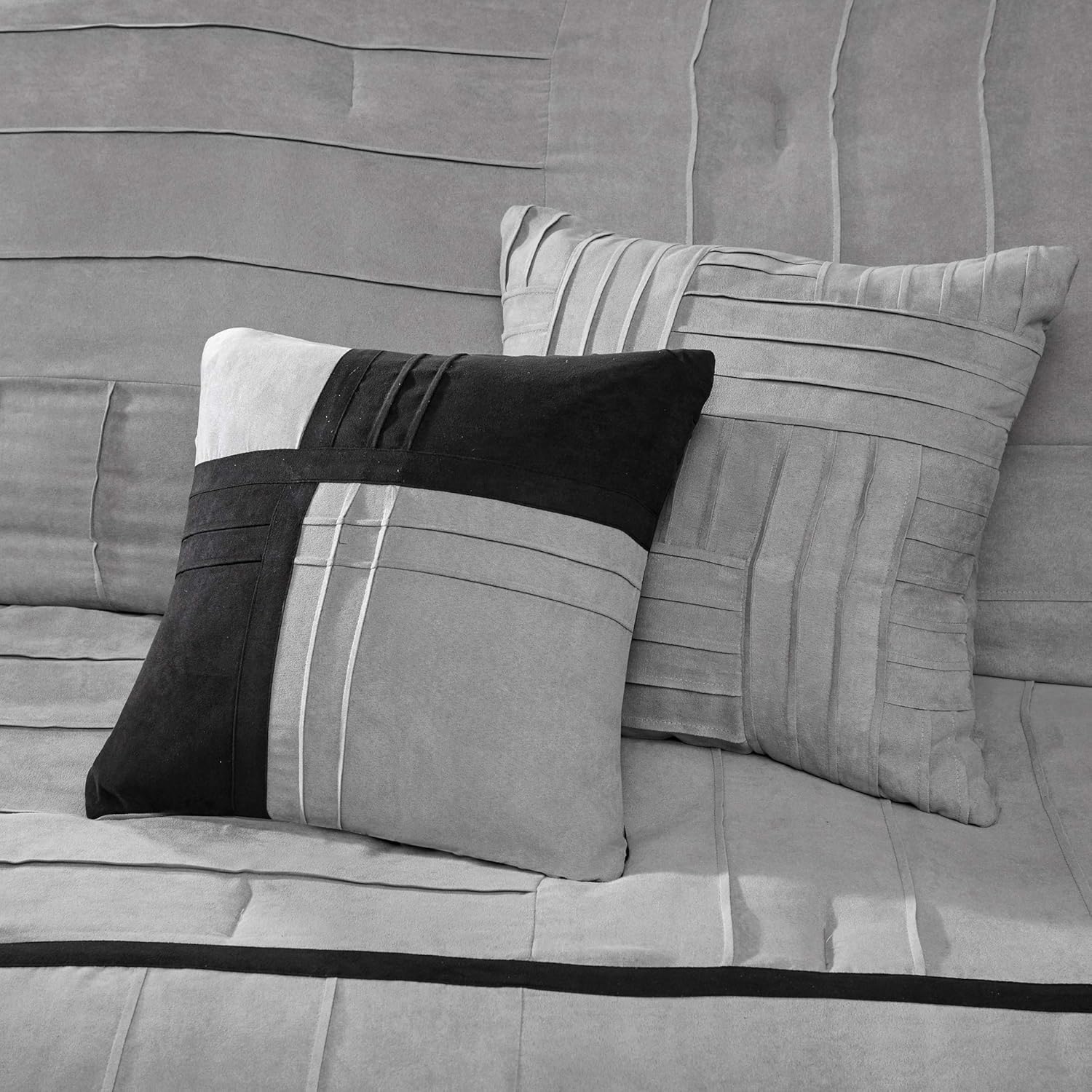 Madison Park Cozy Comforter Set Casual Blocks Design All Season, Matching Bed Skirt, Decorative Pillows, King(104"x92"), Dune Suede, Black Grey, 7 Piece