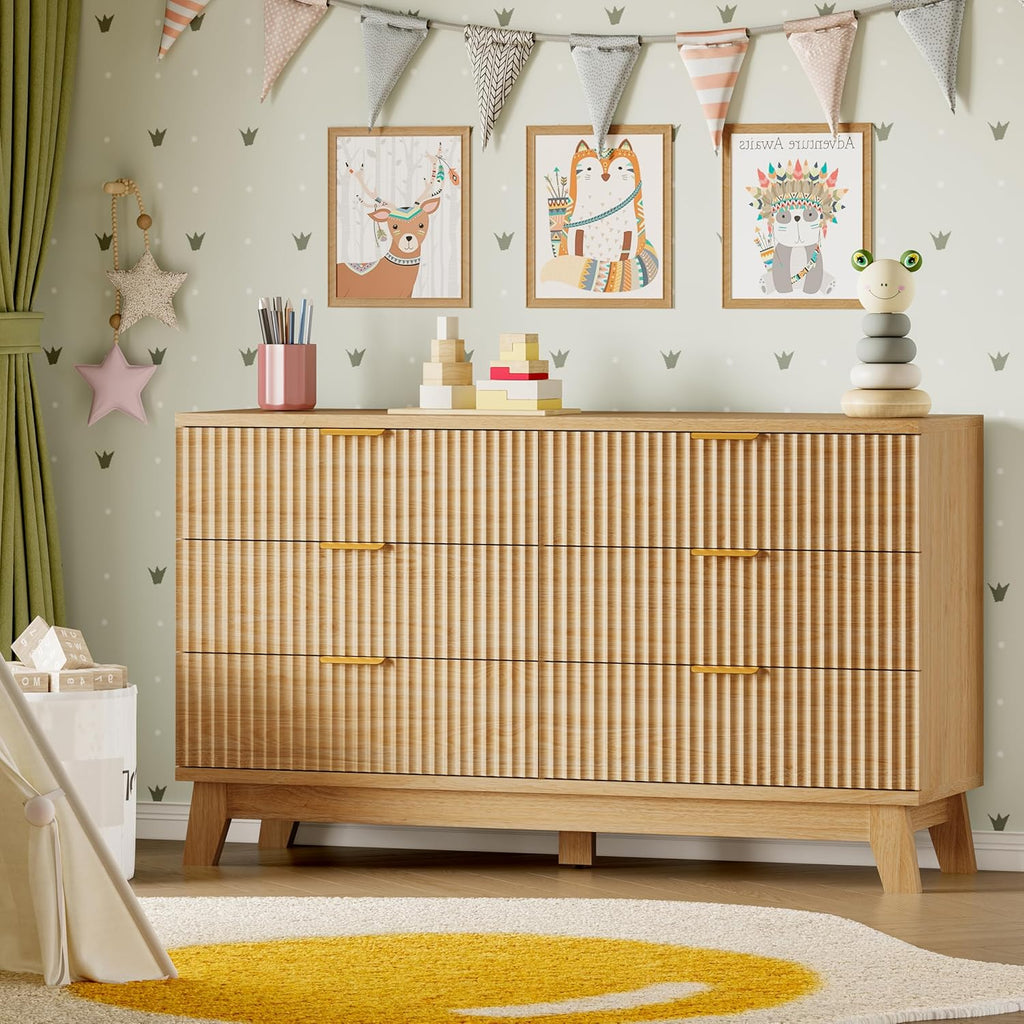 BORNOON 53" Long Dresser for Bedroom, 6-Drawer Dresser with Fluted Fronts, Wide Wood Chest of Drawers, Smooth Metal Slides, Stable Base, Modern Clothes Storage Cabinet for Living Room, Hallway