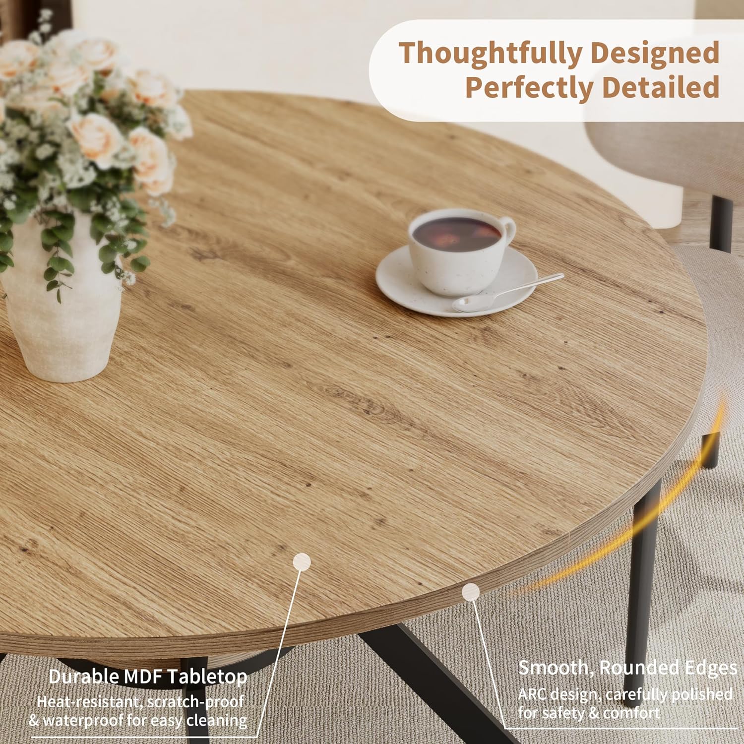 MECHYIN 42 Inch Round Dining Table for 2–4, Farmhouse Round Kitchen Table with Storage Shelf, Pedestal Dining Table, Wood Top & Metal Base, Small Space Table for Apartment, Dining Room