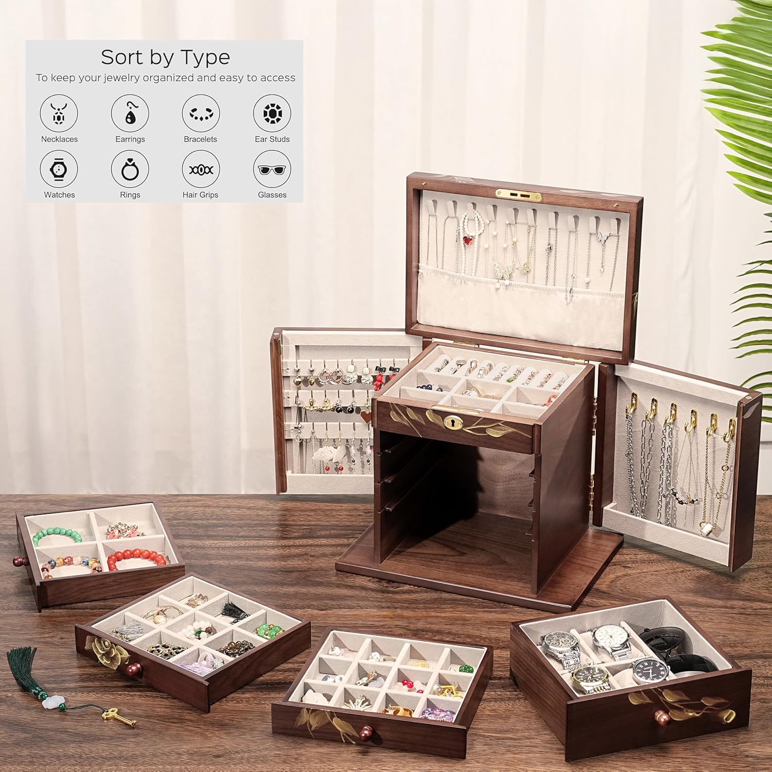 Hand-Painted rose Wooden Jewelry Boxes for Women - 8-Layer Large Lockable Jewelry Box with Compartments, Dresser Top Jewelry Organizer, Vintage Wooden Jewelry Storage