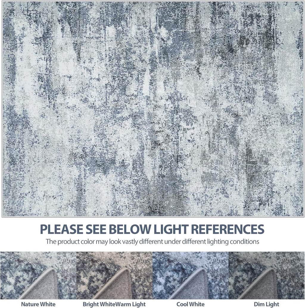 9x12 Area Rugs for Living Room Washable: Abstract Large Rug for Dining Room Bedroom Carpet Non Slip 9 by 12 Indoor Modern Nursery Home Office Blue Grey