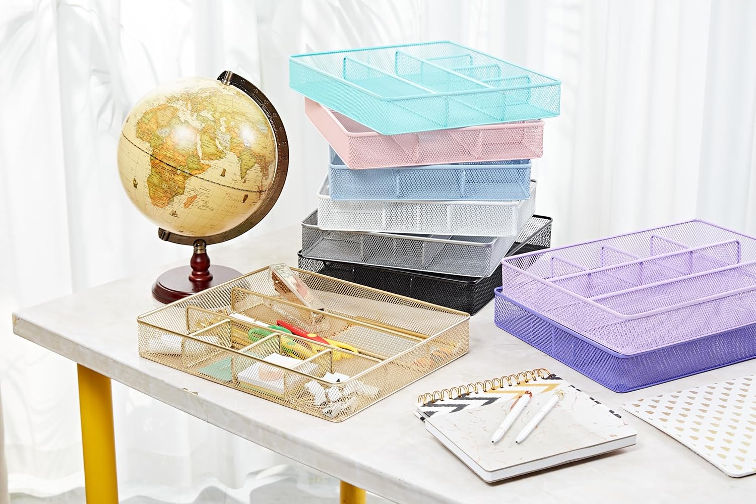 Annova Desk Top Organizer/Storage Tray - Metal Mesh with Dividers for Pens, Desktop Accessories, Bathroom, Kitchen, Makeup and Office Supplies (Large, Light Purple)