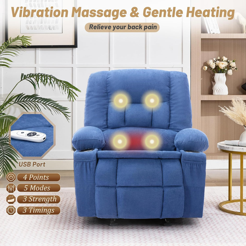 Rocker Recliner Chair with Massage and Heat, Nursery Rocking Chairs for Living Room, Ergonomic Comfy Relining Chair with Cup Holders, USB Charge Port, Side Pockets, Recliner Sofa, Blue