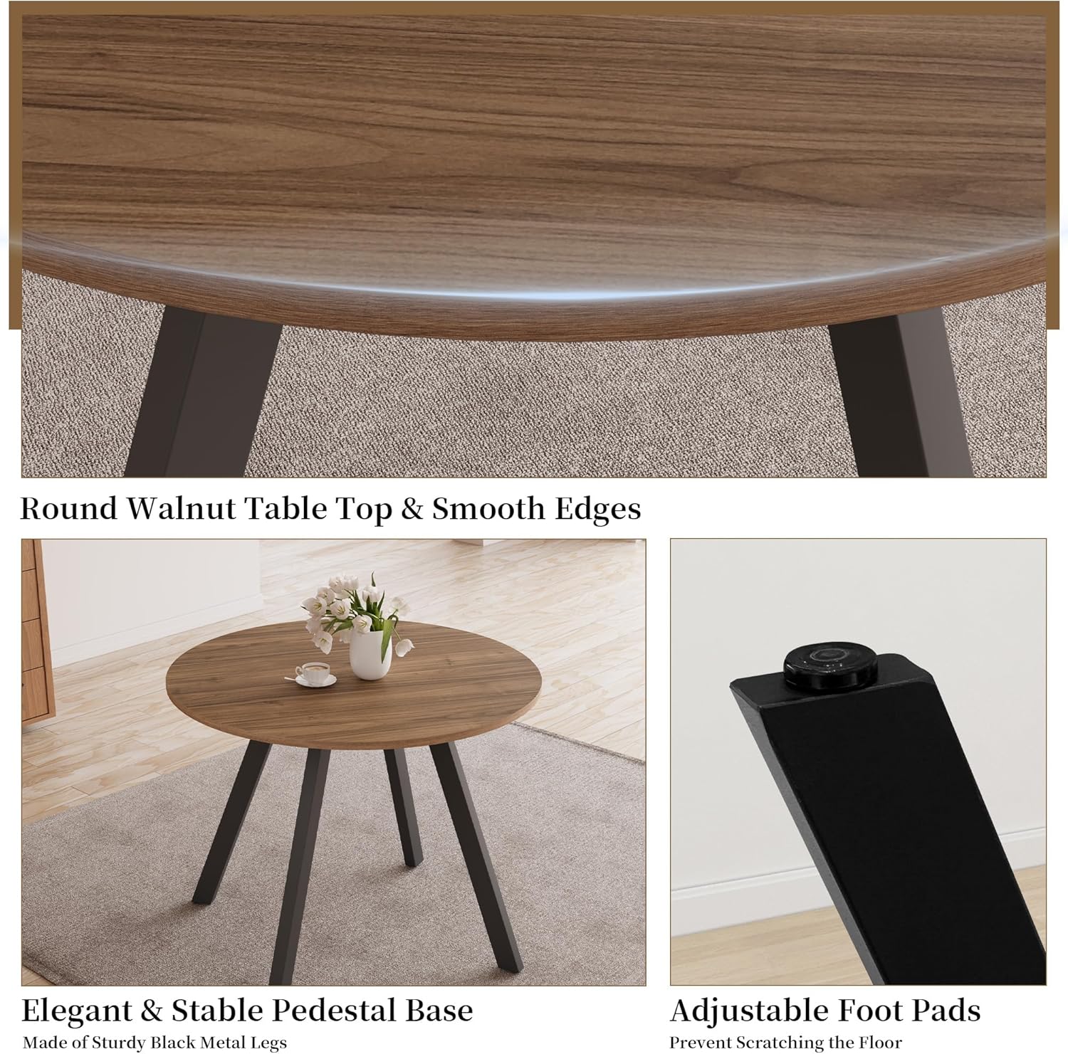 Zerifevni 34.6'' Round Dining Table and Chairs for 4 Space Saving for Apartment Kitchen Dining Room (Walnut Table+4 Grey Chairs)
