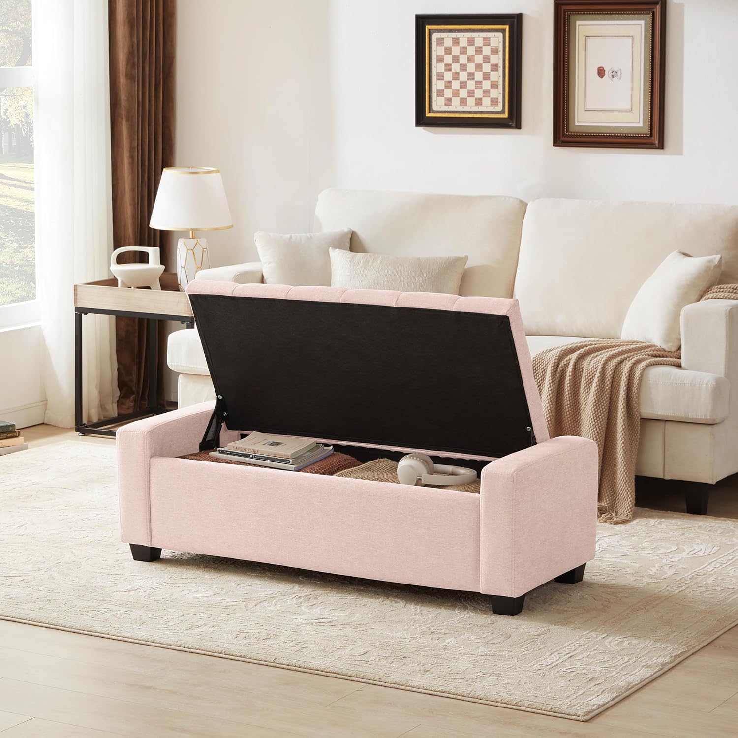 Huatean Home 48" Ottoman with Storage, Pink Storage Ottoman Bench with Safety Hinge, Upholstered Entryway Bench with Seating for Bedroom, Living Room, Holds up to 330 lb
