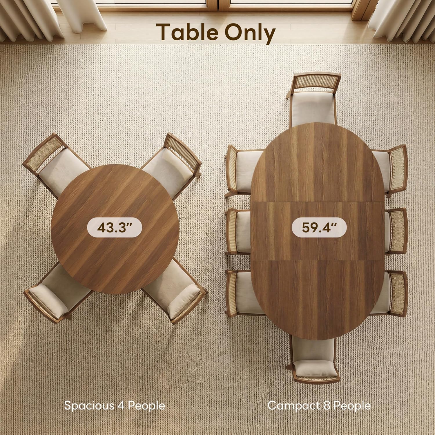 43"-59" Extendable Round Dining Table for 4-8, Transformer Oval Dining Room Table with Removable Leaves Space Saving, Wood Base Kitchen Table with Storage Shelf for Living Room, Walnut