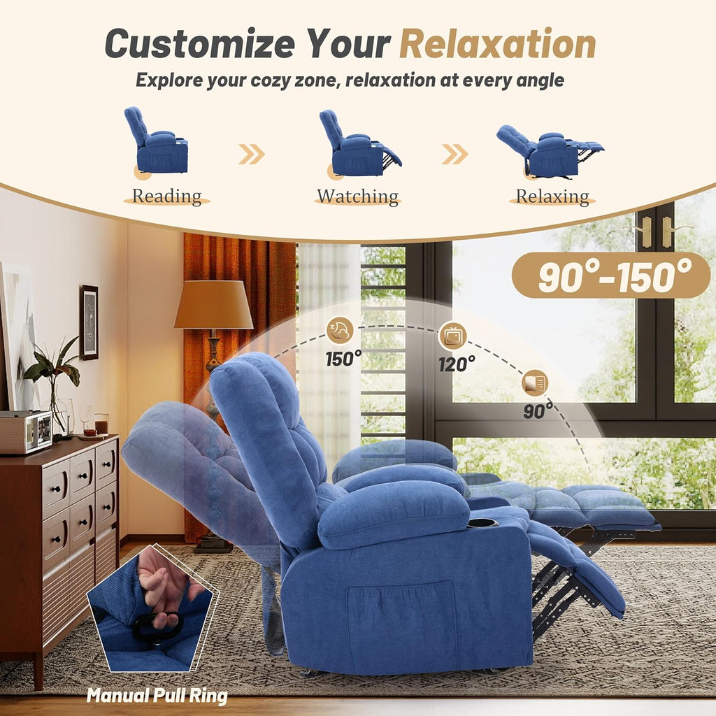 Rocker Recliner Chair with Massage and Heat, Nursery Rocking Chairs for Living Room, Ergonomic Comfy Relining Chair with Cup Holders, USB Charge Port, Side Pockets, Recliner Sofa, Blue