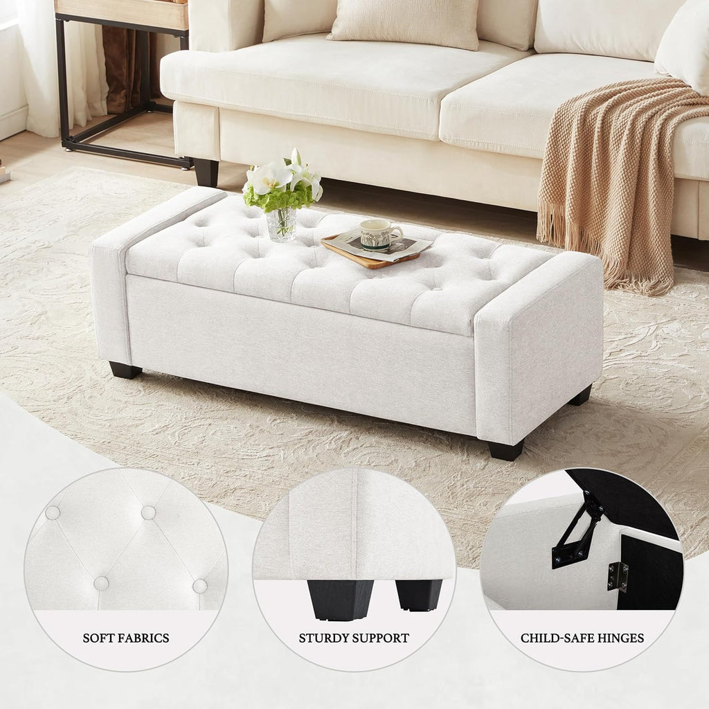 Huatean Home 48" Ottoman with Storage, White Storage Ottoman Bench with Safety Hinge, Upholstered Entryway Bench with Seating for Bedroom, Living Room, Holds up to 330 lb