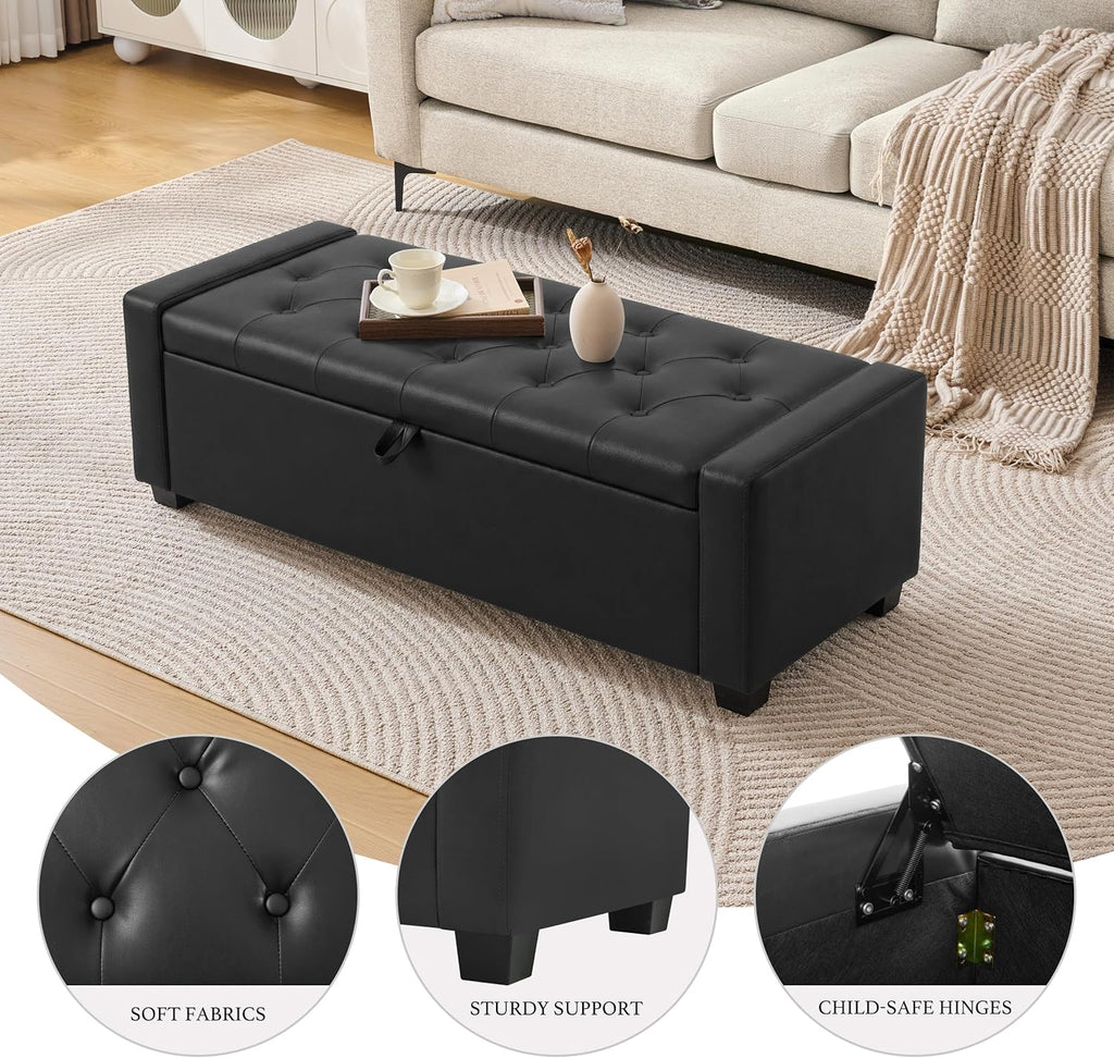 Huatean Home 48" Ottoman with Storage, Storage Ottoman Bench with Safety Hinge, Upholstered Entryway Bench with Seating for Bedroom, Living Room, Holds up to 330 lb, Light Black
