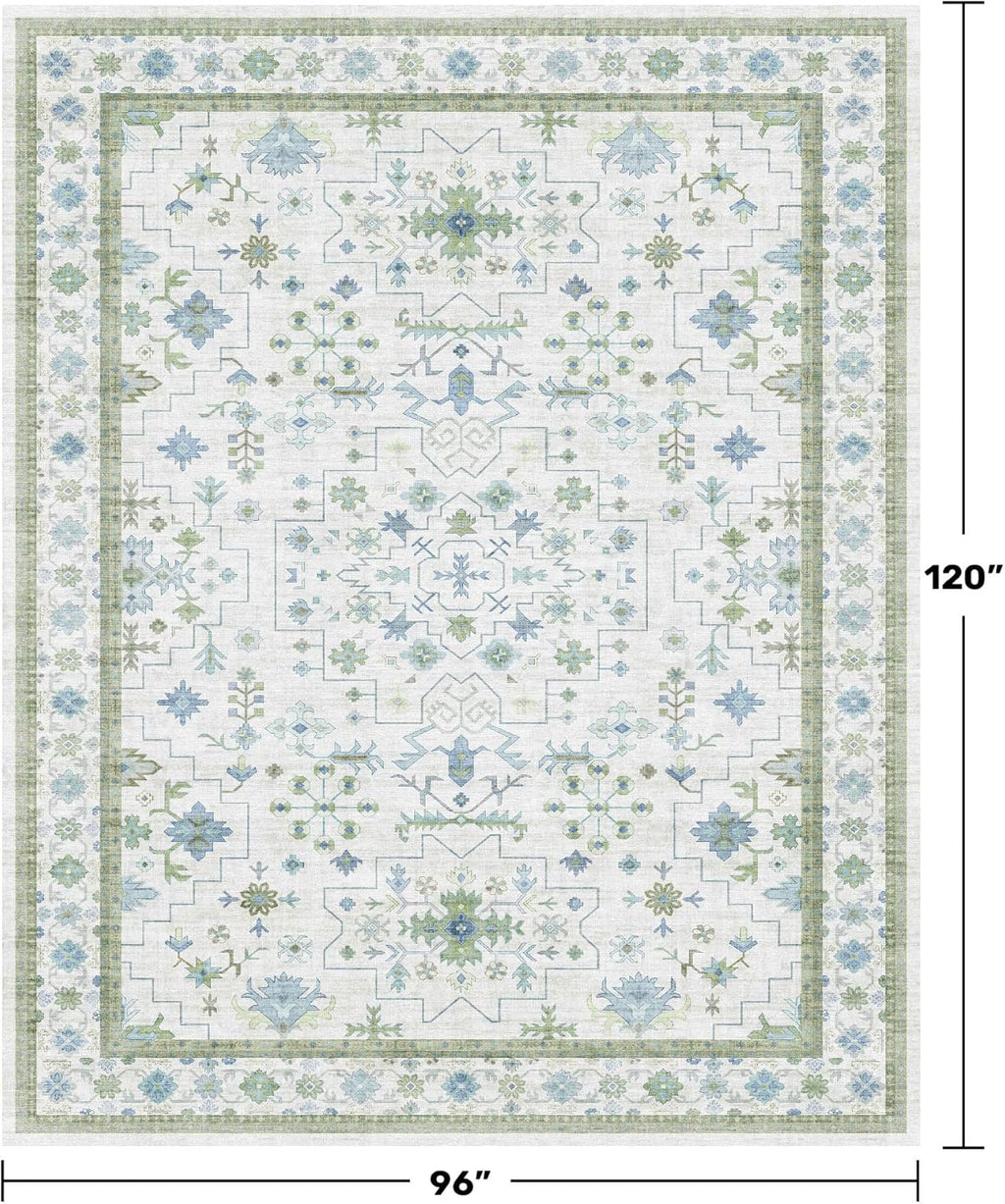Hazo Haus Blue and Green Living Room Rug 8x10 - Cream Oushak Vintage Boho Floral Farmhouse, Washable Low Pile Non-Slip Extra Large Area Rugs for Bedroom, Girls, Boys, Playroom, Lounge