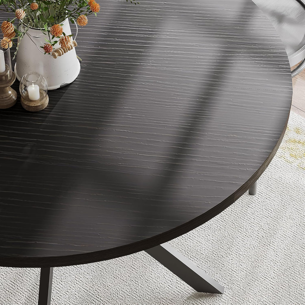 ChooChoo 47.2 Inch Round Dining Table for 4, Farmhouse Wood Kitchen Table, Circle Dinner Table for Kitchen & Dining Room, Black