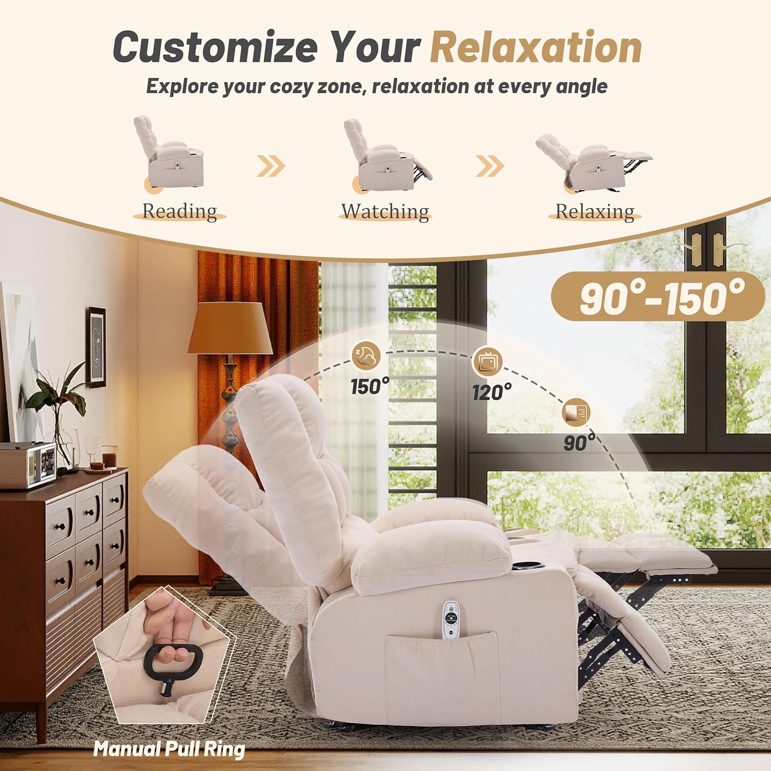 Rocker Recliner Chair with Massage and Heat, Nursery Rocking Chairs for Living Room, Ergonomic Comfy Relining Chair with Cup Holders, USB Charge Port, Side Pockets, Recliner Chair for Adults, Beige