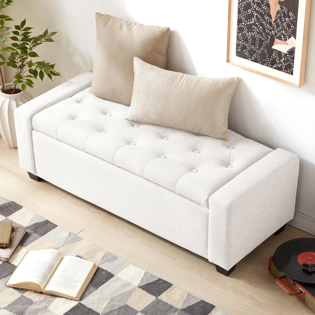 Huatean Home 48" Ottoman with Storage, White Storage Ottoman Bench with Safety Hinge, Upholstered Entryway Bench with Seating for Bedroom, Living Room, Holds up to 330 lb