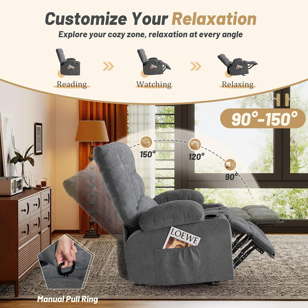Rocker Recliner Chair with Massage and Heat, Recliner Chair for Adults, Nursery Rocking Chairs for Living Room, Ergonomic Comfy Relining Chair with Cup Holders, USB Charge Port, Side Pockets, Grey