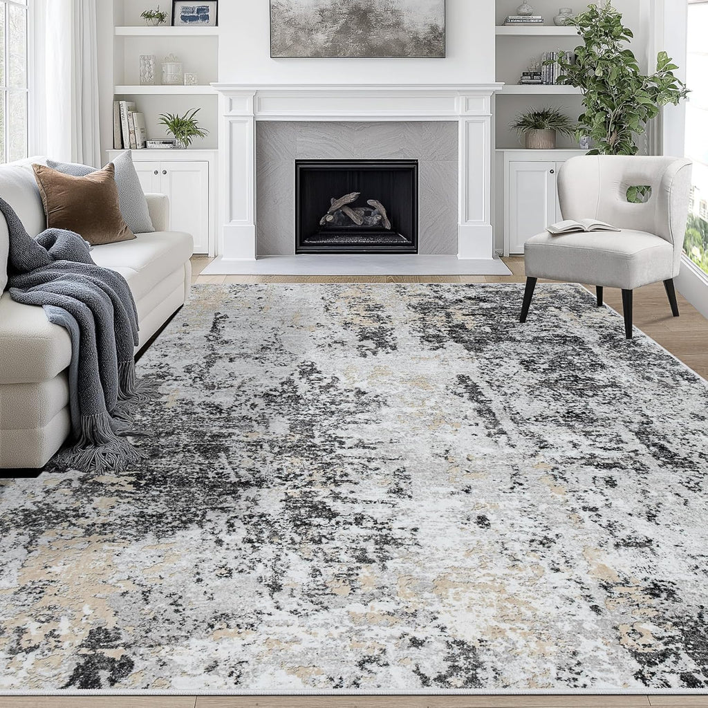 9x12 Area Rugs for Living Room Rug Washable: Abstract Large Rug for Dining Room Bedroom Carpet Non Slip 9 by 12 Indoor Modern Nursery Home Office Black Grey Gold