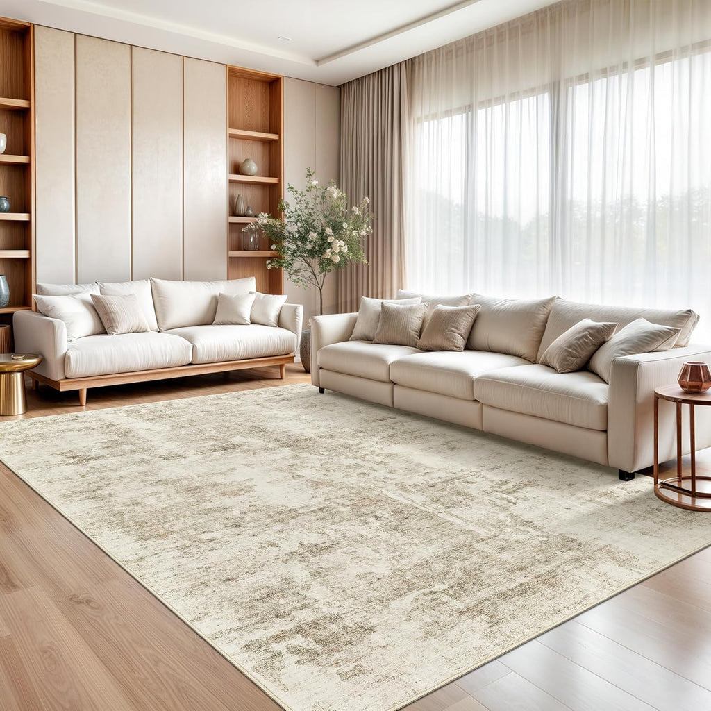 Soalmost 9x12 Area Rug for Living Room, Abstract Non Slip Machine Washable Vintage Carpets, Low Pile Lightweight Large Rug for Bedroom, Dining Room, Home Office Beige Gray