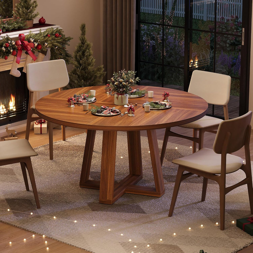 Garvee Round Dining Table for 4-6 People, 47" Modern Circle Dinner Table with Wooden Cross Pedestal Base for Living Room, Kitchen, Walnut Brown