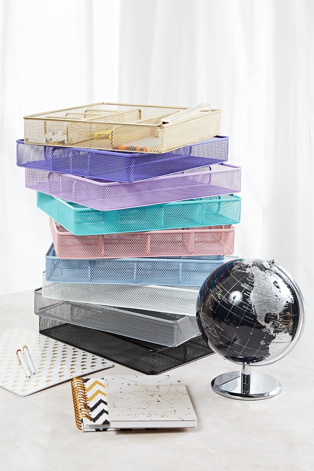 Annova Desk Top Organizer/Storage Tray - Metal Mesh with Dividers for Pens, Desktop Accessories, Bathroom, Kitchen, Makeup and Office Supplies (Large, Light Purple)