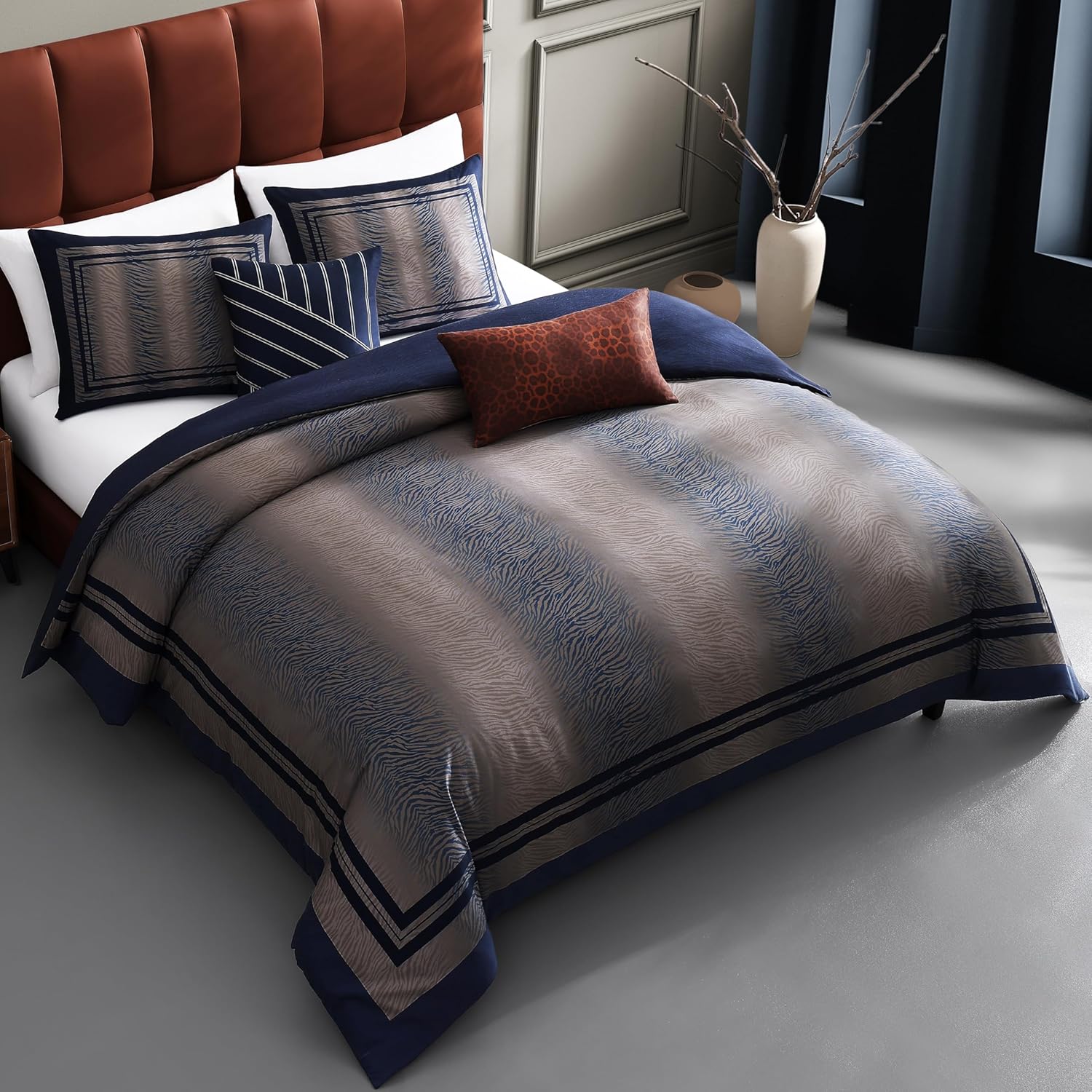 Bebejan Dark Blue Animal Prints 5 Piece Comforter Set, 100% Cotton Sateen, 220 Thread Count, Reversible Bedding Comforter Set, 1 Comforter, 2 Shams & 2 Pillows (King/Cal King)