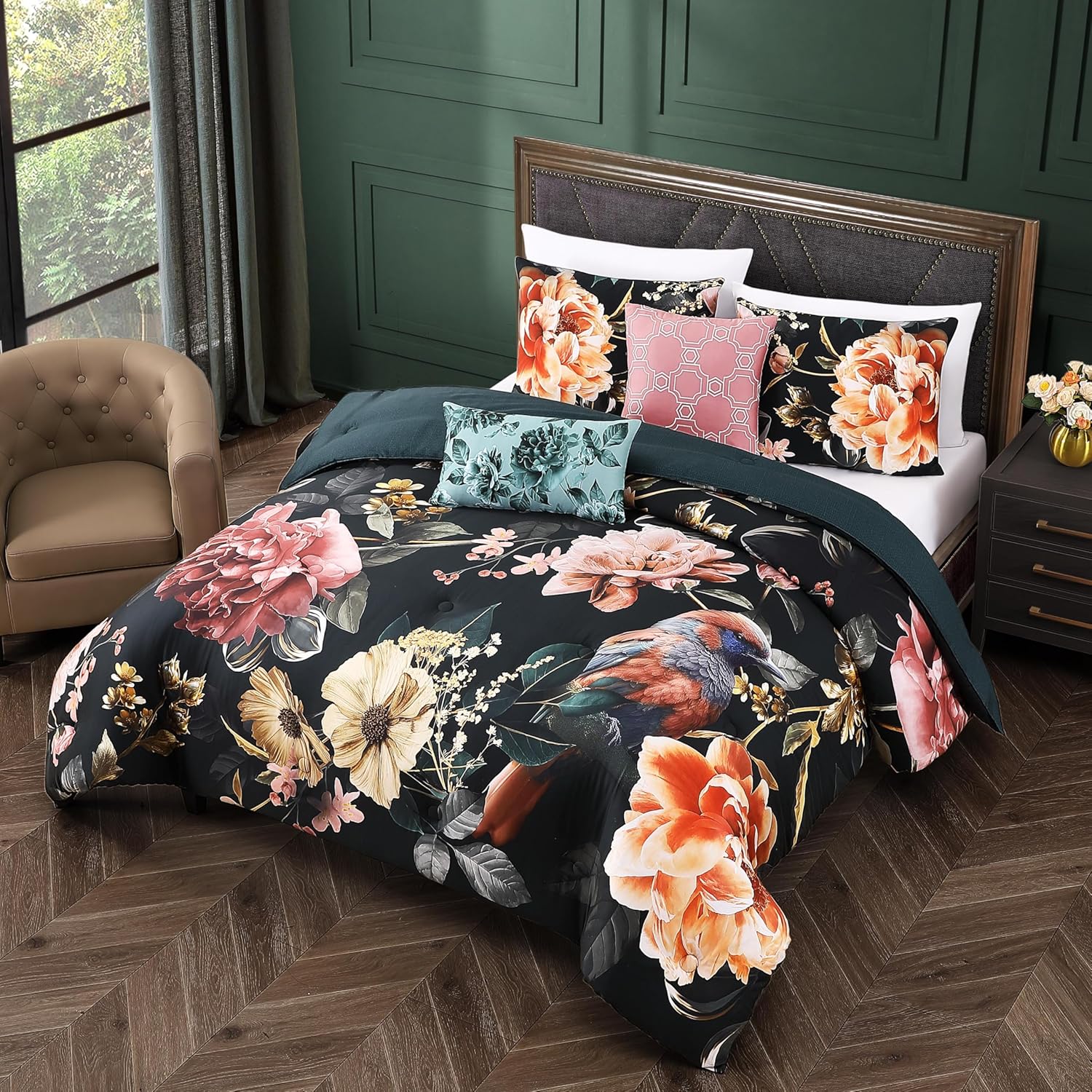 Bebejan Botanical Birds 5 Piece Comforter Set, 100% Cotton Sateen, 220 Thread Count, Black Reversible Bedding Comforter Set, 1 Comforter, 2 Shams & 2 Pillows (King/Cal King)