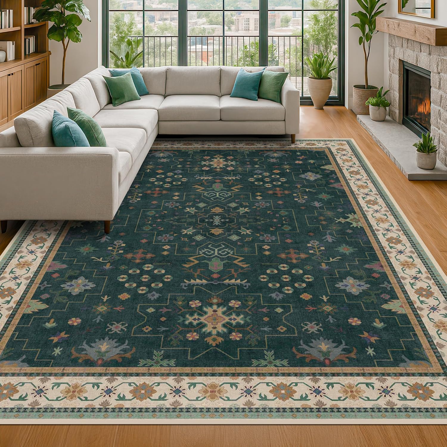 Hazo Haus Dark Green Vintage 8x10 Washable Rugs for Living Room - Dark Academia Victorian Floral Geometric Bedroom Rug, Ultra Soft Thin Low Pile Non-Slip Large Rugs for Dining Room Under Table Lounge